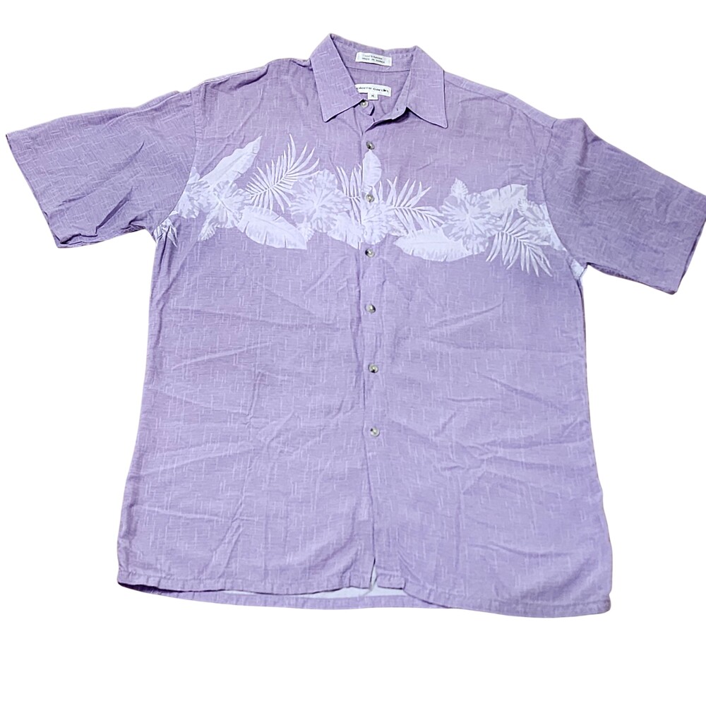 Pierre Cardin Shirt Mens Medium Purple Hawaiian Floral Short Sleeve Rayon Button